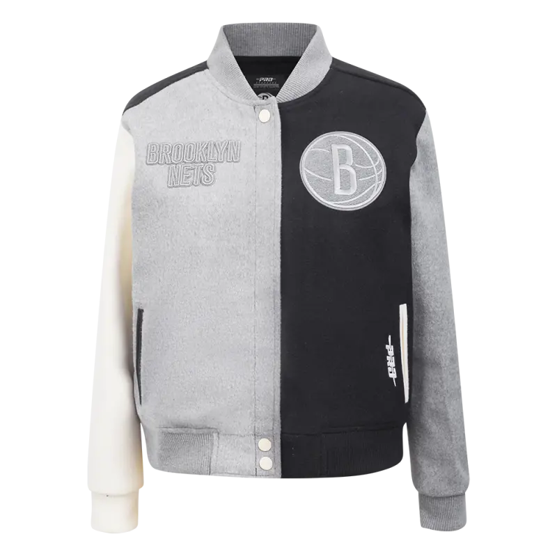 nba brooklyn nets reverse french terry womens wool varsity jacket blackgrayeggshell